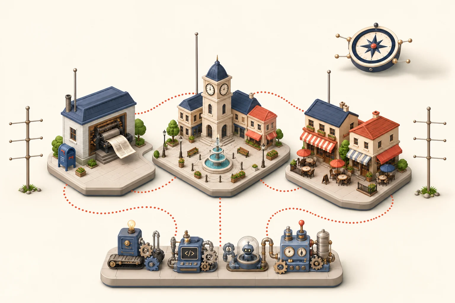 Kyle’s World, drawn as a little town: local media on the left for attention, restaurants on the right for showing up, joined through a square called Local marketing, with tiny AI machines underneath and a compass of human nature above.
