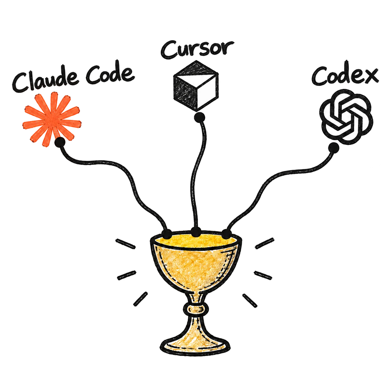 Claude Code, Cursor, and Codex connected by hand-drawn wires to a golden grail.
