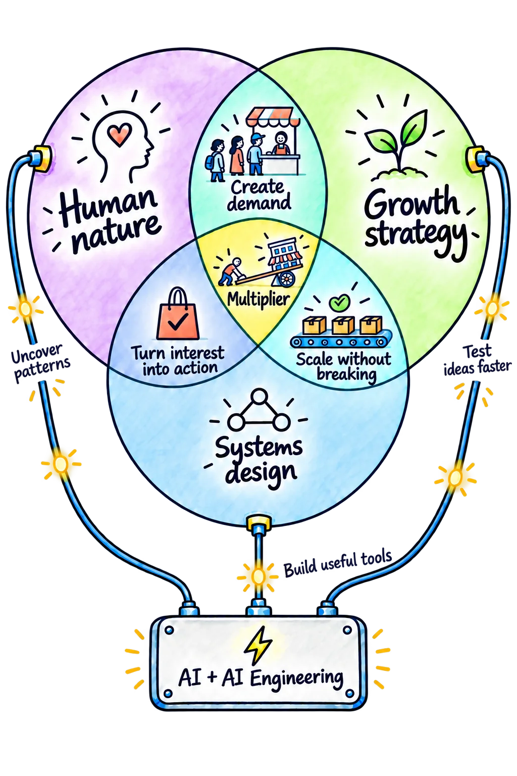 A hand-drawn map connecting human nature, growth strategy and systems design. Their overlaps: create demand, turn interest into action and scale without breaking. A small lever represents a multiplier. AI and AI engineering connect to all three areas.