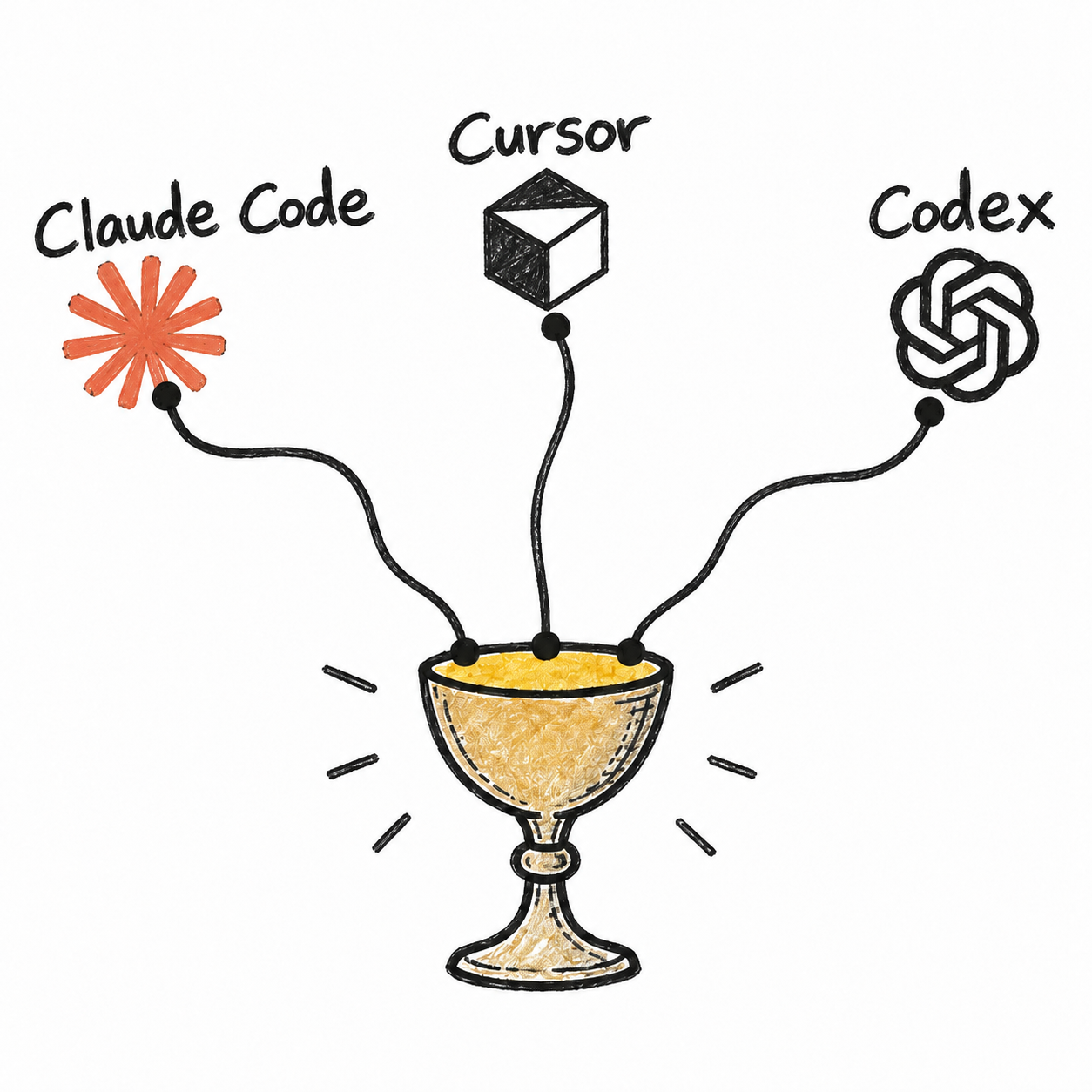 Claude Code, Cursor, and Codex connected by hand-drawn wires to a golden grail.